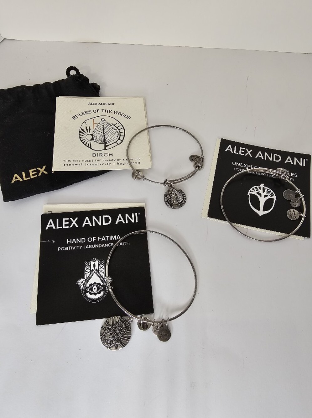 Alex and Ani 3 Silver Bracelets Hand Of Fatima, Birch & Unexpected Miracles Auth